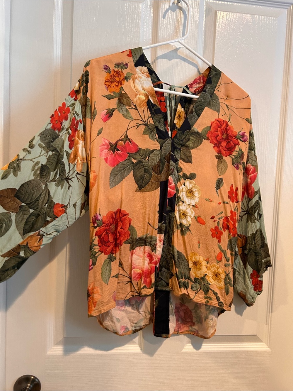 FARM Rio Peach Floral Kimono Blouse with Green Sleeves and Black Trim